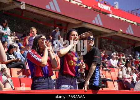 Grenade, Espagne. 30 mars 2025. Grenade, Espagne, 30 mars 2025 les fans du FC Barcelone acclament pendant le match de la Liga F entre Granada CF et FC Barcelone à l'Estadio Nuevo Los Cármenes à Grenade, Espagne (Andres Lopez Sheridan /SPP) crédit : SPP Sport Press photo. /Alamy Live News Banque D'Images