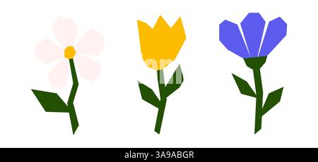 ensemble de trois fleurs de printemps géométriques colorées découpées de style comme la camomille et la tulipe, design tendance de géométrie moderne pour carte, invitation, papier peint Illustration de Vecteur