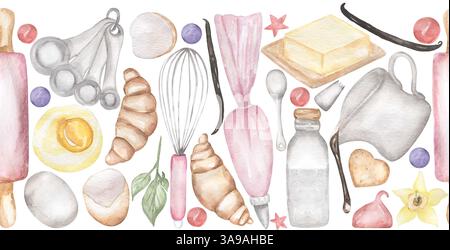 ustensiles de cuisine aquarelle modèle sans couture, produits de boulangerie répéter la frontière, cadre de boulangerie Banque D'Images