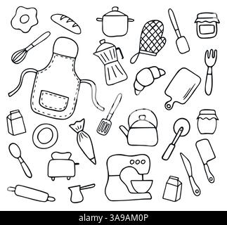 ensemble de lignes noires dessiner à la main la cuisine doodle, la cuisson au four et les éléments d'outils de cuisine Illustration de Vecteur