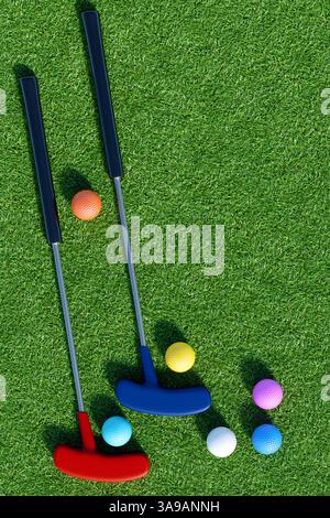 Mini clubs de golf et balles colorées sur l'herbe verte. rendu 3d. Banque D'Images