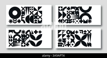 Ensemble d'affiche colorée avec forme géométrique et ensemble de lignes. motif abstrait, dessin au trait design, style tendance. Illustration Bauhaus avec cercle, carré Illustration de Vecteur