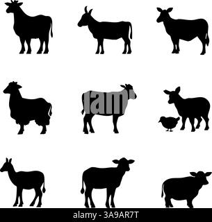 Silhouettes de divers animaux de ferme, y compris des vaches, des chèvres et des moutons dans une disposition en grille. Illustration de Vecteur