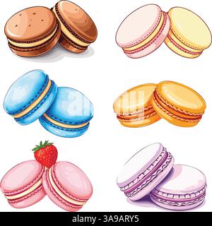 Un assortiment coloré de macarons dans diverses saveurs et couleurs, y compris brun, rose, bleu, jaune, orange et violet. Certains sont jumelés à une paille Illustration de Vecteur