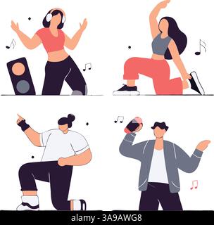 Une illustration colorée mettant en vedette quatre danseurs dans diverses poses. Le coin supérieur gauche montre une femme avec des écouteurs dansant joyeusement, tandis que le coin supérieur droit feat Illustration de Vecteur