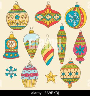 Ensemble de boules d'arbre de Noël multicolores dessinées à la main Illustration de Vecteur