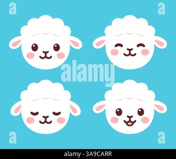 Ensemble visage d'agneau de dessin animé mignon. Kawaii bébé mouton avec différentes expressions, illustration vectorielle clipart. Illustration de Vecteur