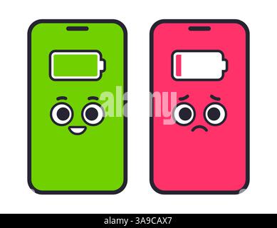 Deux smartphones avec des visages de dessins animés mignons. Téléphone triste avec batterie faible et heureux complètement chargé. Illustration vectorielle drôle. Illustration de Vecteur