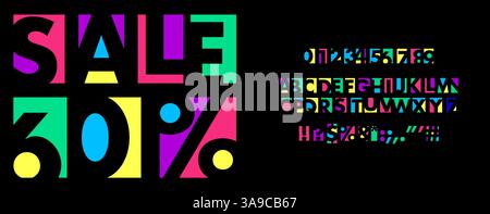 Police géométrique lumineuse, lettre découpée en papier couleur, alphabet créatif artistique à vendre, texte de réduction, Healine enfants, texte d'éducation, rançon autocollant enfant Illustration de Vecteur