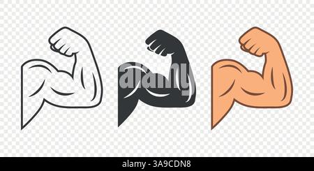 Jeu d'icônes Vector Flexing Arm biceps. Illustration vectorielle du bras musculaire en noir et blanc et ton de peau. Bodybuilding Fitness Strength symbole isolé. Gymnase Illustration de Vecteur