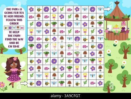Labyrinthe de fées des bois, chercher et trouver le jeu. Puzzle de compétences d'attention. Activité imprimable forêt magique pour les enfants. Puzzle logique de recherche de conte de fées. Suivez Illustration de Vecteur