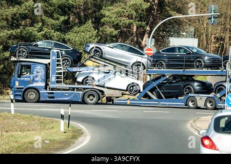Grünheide, Brandebourg, Allemagne - 28 mars 2025 : un transporteur de voitures entièrement chargé avec des véhicules Tesla neufs quitte les locaux de l'usine près de Grünheide. Les véhicules sont en route vers les centres de distribution ou les clients finaux. *** Ein voll beladener Autotransporter mit neuen Tesla-Fahrzeugen verlässt das Werksgelände nahe Grünheide. Die Fahrzeuge sind auf dem Weg zu Verteilzentren oder Endkunden. Banque D'Images