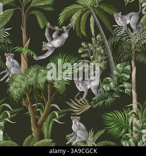 Modèle sans couture avec des singes et des arbres de la jungle. Vecteur. Illustration de Vecteur