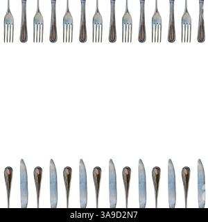 Bordure sans couture avec fourchettes et couteaux. Illustration aquarelle d'ustensiles de service sur un fond blanc. Bon pour les cartes postales, les recettes, le menu. Banque D'Images