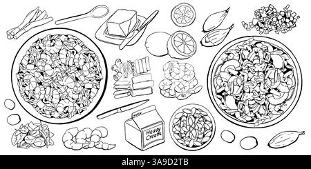 Cuisson de nourriture de crevettes. Plats sur assiettes, bols en set. Plats pour le dîner et le déjeuner avec crevettes, pâtes, légumes. Plat de fruits de mer cuit sur la table avec vie supérieure Illustration de Vecteur