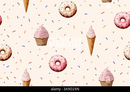 Motif aquarelle doux avec beignets, gâteaux de tasse et crème glacée. Banque D'Images