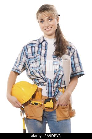 Travailleuse avec des outils et un plan isolé Banque D'Images