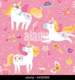 Motif licorne magique pour enfants. Joli ornement sans couture dessiné à la main avec licornes, baguette magique, étoiles. Texture vectorielle pour la literie des enfants, le tissu, le wallpape Illustration de Vecteur
