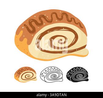 Icône de rouleau de cannelle avec glaçage au chocolat. Silhouette stylisée de contour de boulangerie ronde tendance dessinée à la main, ensemble de styles plats de dessin animé. Parfait pour le menu de marque de boulangerie, livre de recettes pâtisseries texturé vecteur Illustration de Vecteur