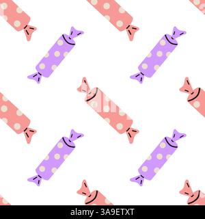 Motif coloré de bonbons avec des bonbons emballés roses et violets sur un fond blanc Illustration de Vecteur