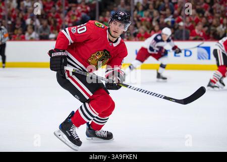 07 octobre 2017 : Chicago, Illinois, États-Unis - Blackhawk #20 Brandon Saad en action lors du match de la Ligue nationale de hockey entre les Blackhawks de Chicago et les Blue Jackets de Columbus au United Center à Chicago, il. Photographe : Mike Wulf(image de crédit : &copy ; Mike Wulf/CSM via ZUMA Wire) Banque D'Images