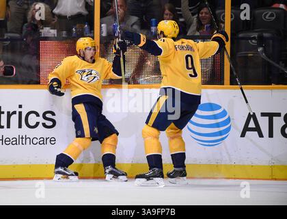 12 octobre 2017 ; Nashville TN, USA Nashville Predators Filip Forsberg (9) célèbre le but de Viktor Arvidsson (33), l'aile gauche, lors de la troisième période entre les Stars de Dallas et les Predators de Nashville à Bridgestone Arena. (Crédit photo obligatoire : Steve Roberts/CSM)(crédit image : &copy ; Steve Roberts/Cal Sport Media/CSM via ZUMA Wire) Banque D'Images