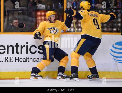 12 octobre 2017 ; Nashville TN, USA Nashville Predators Filip Forsberg (9) célèbre le but de Viktor Arvidsson (33), l'aile gauche, lors de la troisième période entre les Stars de Dallas et les Predators de Nashville à Bridgestone Arena. (Crédit photo obligatoire : Steve Roberts/CSM)(crédit image : &copy ; Steve Roberts/Cal Sport Media/CSM via ZUMA Wire) Banque D'Images
