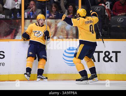 12 octobre 2017 ; Nashville TN, USA Nashville Predators Filip Forsberg (9) célèbre le but de Viktor Arvidsson (33), l'aile gauche, lors de la troisième période entre les Stars de Dallas et les Predators de Nashville à Bridgestone Arena. (Crédit photo obligatoire : Steve Roberts/CSM)(crédit image : &copy ; Steve Roberts/Cal Sport Media/CSM via ZUMA Wire) Banque D'Images