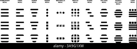 Ensemble d'icônes de menu hamburger. Différents boutons Web pour la navigation de page isolés sur fond blanc. Eléments d'interface de site Web pour application mobile. Illustration graphique vectorielle. Illustration de Vecteur