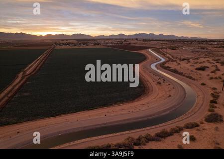 Vue aérienne des terres agricoles et du canal d'irrigation au lever du soleil près de Yuma, Arizona, montrant l'agriculture du désert et la lumière tôt le matin. Banque D'Images