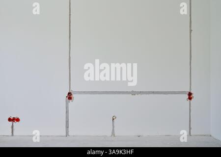 Prises électriques et câbles dans le mur non fini lors de la rénovation. Installation de câblage électrique Banque D'Images