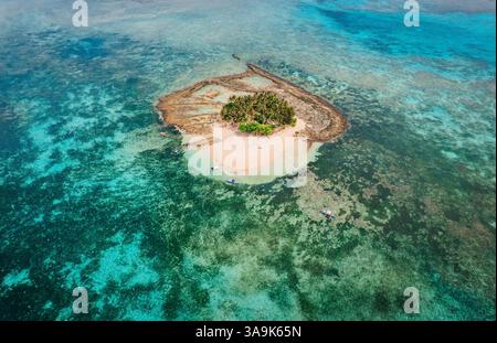 Vue aérienne de Guyam Island, Siargao - Une petite île magnifique entourée d'eaux cristallines, de plages de sable blanc et de palmiers luxuriants Banque D'Images