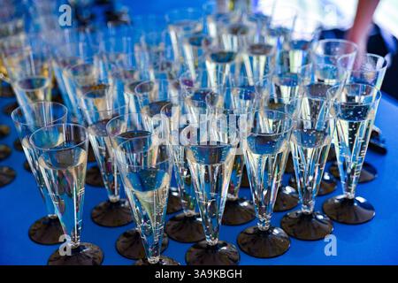 Des dizaines de flûtes en plastique transparent remplies de vin mousseux ou de champagne disposées sur une table pour un événement festif ou un toast. Banque D'Images