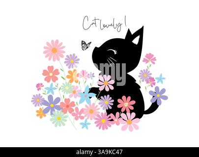Illustration vectorielle, chaton mignon entouré de belles fleurs. Illustration de Vecteur