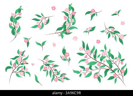 Ensemble vectoriel d'éléments floraux. Fleurs roses mignonnes isolées, feuilles, branches. Clipart botanique. Collection de brindilles et de feuilles sur fond blanc. Natur Illustration de Vecteur