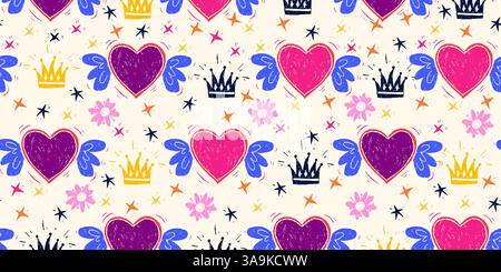 Joli motif abstrait sans couture Girlish avec des symboles d'amour, des fleurs, des couronnes et des étoiles. Papier peint coloré dessiné à la main avec un crayon. Crayon charmants griffonnages Illustration de Vecteur