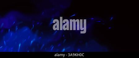 Des étincelles de feu bleu et des braises brillantes volant dans l'espace sombre, des particules de flamme Azur tourbillonnant, des fusées éclairantes indigo flamboyantes se dispersent, des fragments brûlants, une illustration de fond abstraite flamboyante de feu de joie marine. Illustration de Vecteur