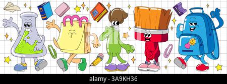 Personnages d'école de dessin animé groovy - flacon, pile de notes collantes, pinceaux, sac à dos, marchant joyeusement ensemble. Mascottes souriantes de fournitures éducatives pour enfants apprenant la conception de matériel. Illustration de Vecteur