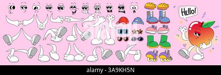Kit de création de personnage groovy de pomme de dessin animé - mains et jambes expressives, visages et accessoires collection pour la construction de personnages animés amusants. Parties du corps colorées de style rétro pour l'animation de marionnettes. Illustration de Vecteur