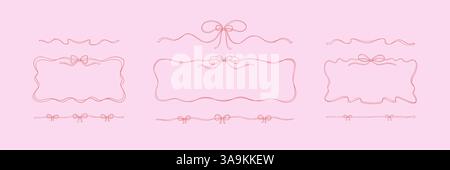 Ruban d'arc séparateur rose et cadre rectangulaire horizontal. Illustration de croquis girly de coquette dans le stile de croquis. Bordure dessinée à la main. Cadeau de Noël, birt Illustration de Vecteur