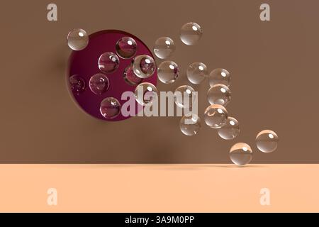 Bulles de verre flottant hors d'un cercle violet dans une pièce brune, créant une scène surréaliste et artistique. Entrée, évasion, passage, escapade ou concepts de sortie Banque D'Images