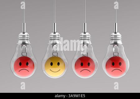 Ampoules avec des émoticônes à l'intérieur, une seule avec une expression positive, représentant l'importance de la pensée positive et de choisir les bonnes idées Banque D'Images