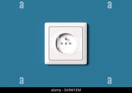 Prise électrique blanche sur mur bleu vif, représentant l'alimentation et les connexions électriques. Rendu 3D. Banque D'Images