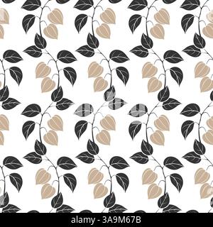 Motif de branche de Physalis, brindilles avec des fruits de lanterne, feuilles. Silhouette stylisée botanique. Foncé et beige. Illustration vectorielle Illustration de Vecteur