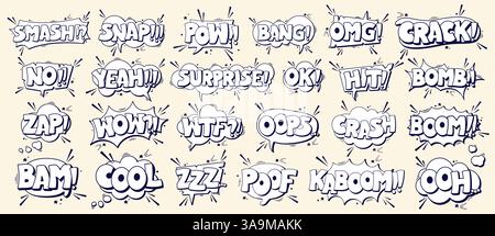 BW Speech Bubbles Smash Snap Pow Bang OMG Crack No Yeah surprise OK Hit Bomb Zap Wow WTF Oops Crash Boom Bam Cool ZZZ Poof Kaboom Oh. Illustration de Vecteur