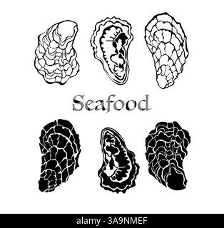 Ensemble de coquilles ouvertes artistiquement dessinées, isolées, de contour et de silhouette, huîtres délicates sur fond blanc. Fruits de mer. Illustration de Vecteur