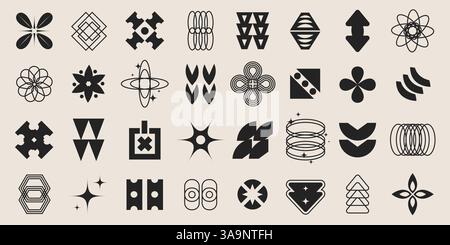 Ensemble brutaliste de formes géométriques noir et blanc. Formes contemporaines abstraites, collection d'éléments de design rétro y2k. Figurines minimes géométriques funky Illustration de Vecteur