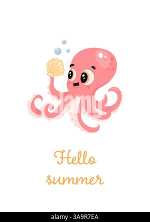 Coquille rose joyeuse tenant une pieuvre avec un texte d'été bonjour Illustration de Vecteur