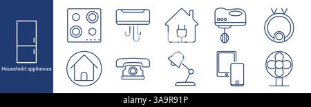 Icône de réglage des appareils ménagers. Réfrigérateur, cuisinière, climatiseur, maison, mélangeur, éclairage annulaire, maison, téléphone, lampe, tablette, ventilateur Illustration de Vecteur
