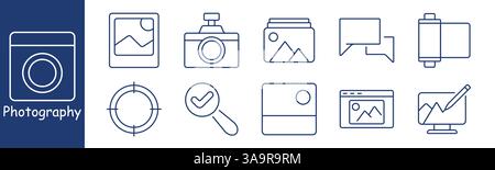 Icône de jeu de photographies. Appareil photo numérique, approbation d'image, film, moniteur, loupe, navigateur, pile de photos, bulle de parole représentant l'édition, la sélection, s Illustration de Vecteur